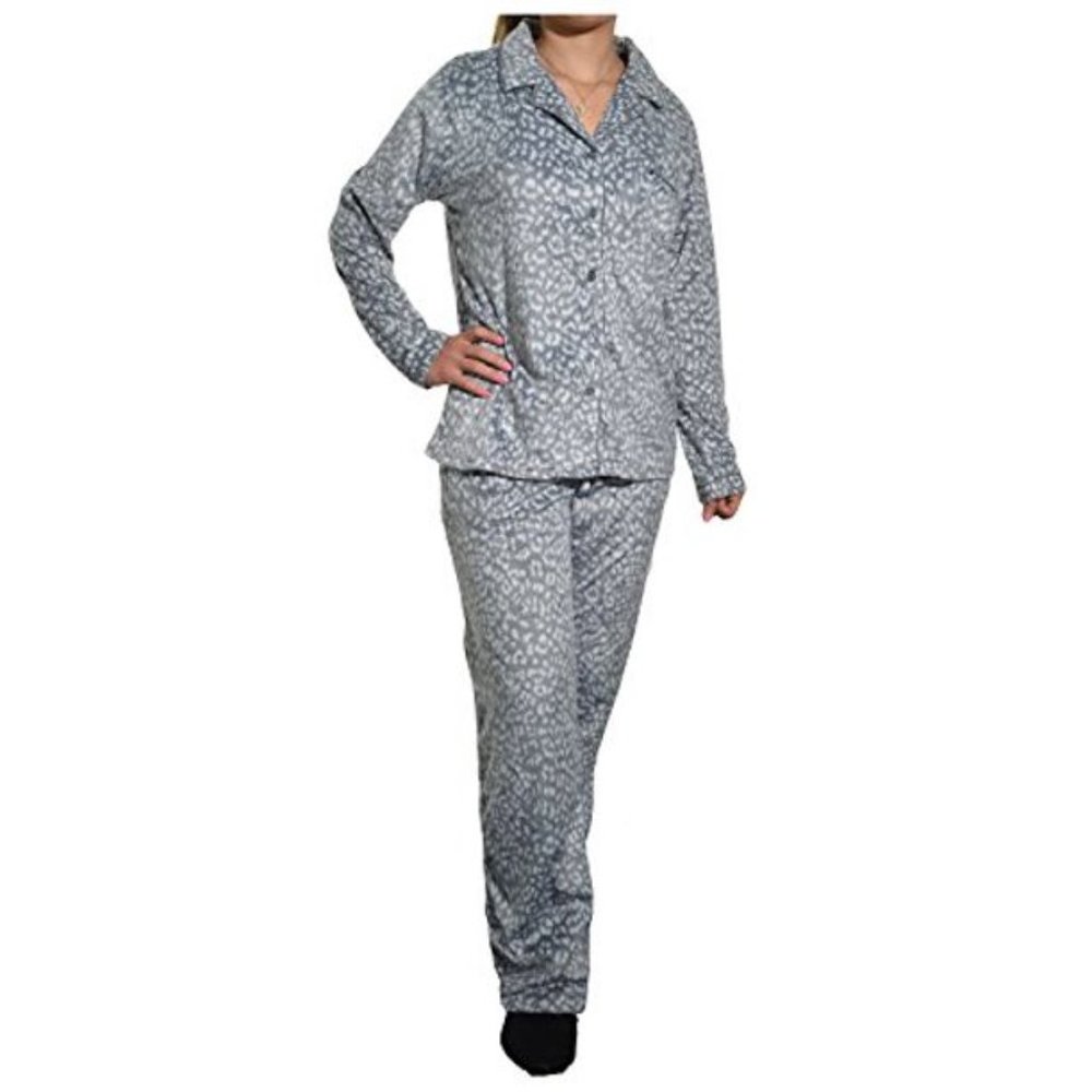 Aria Collection Womens Sueded Microfleece 2-Piece Pajama Set, Grey Animal Size L
